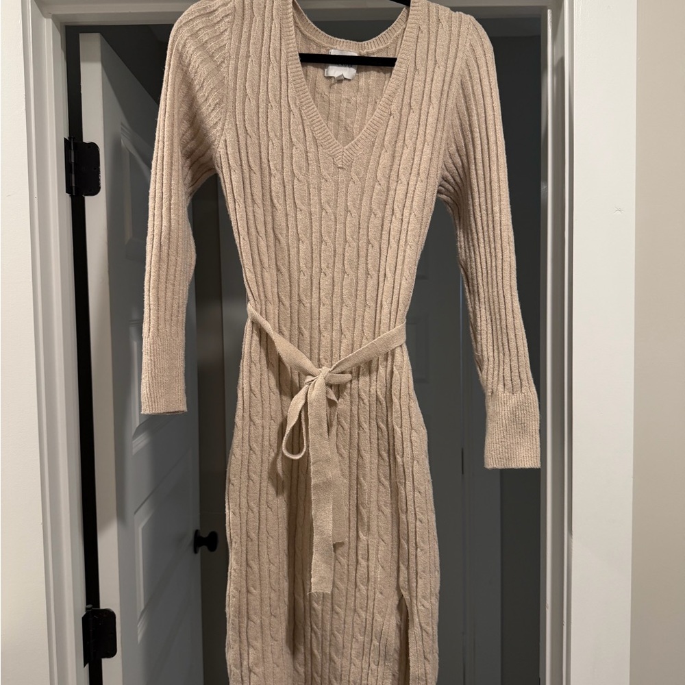 Pink Rose Beige Cable Knit V-Neck Sweater Dress with Belt